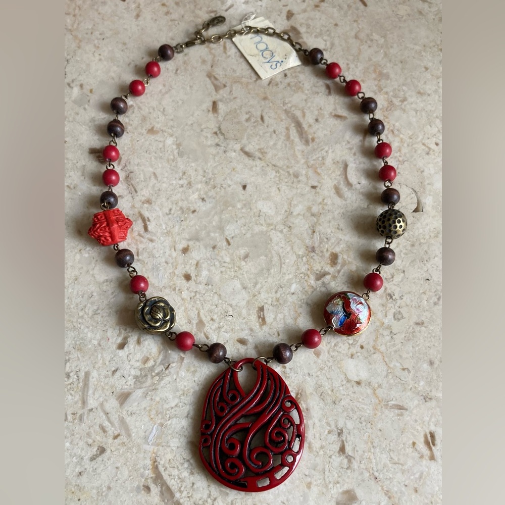 Robert Rose Red Rose Cloisonné & Brass Beaded, Pendant Necklace NWT